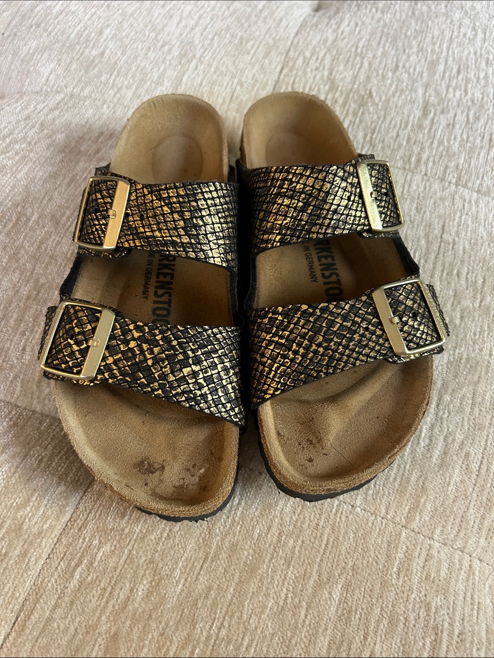 Birkenstock Arizona 40 Shiny Python Black and Gold sandals